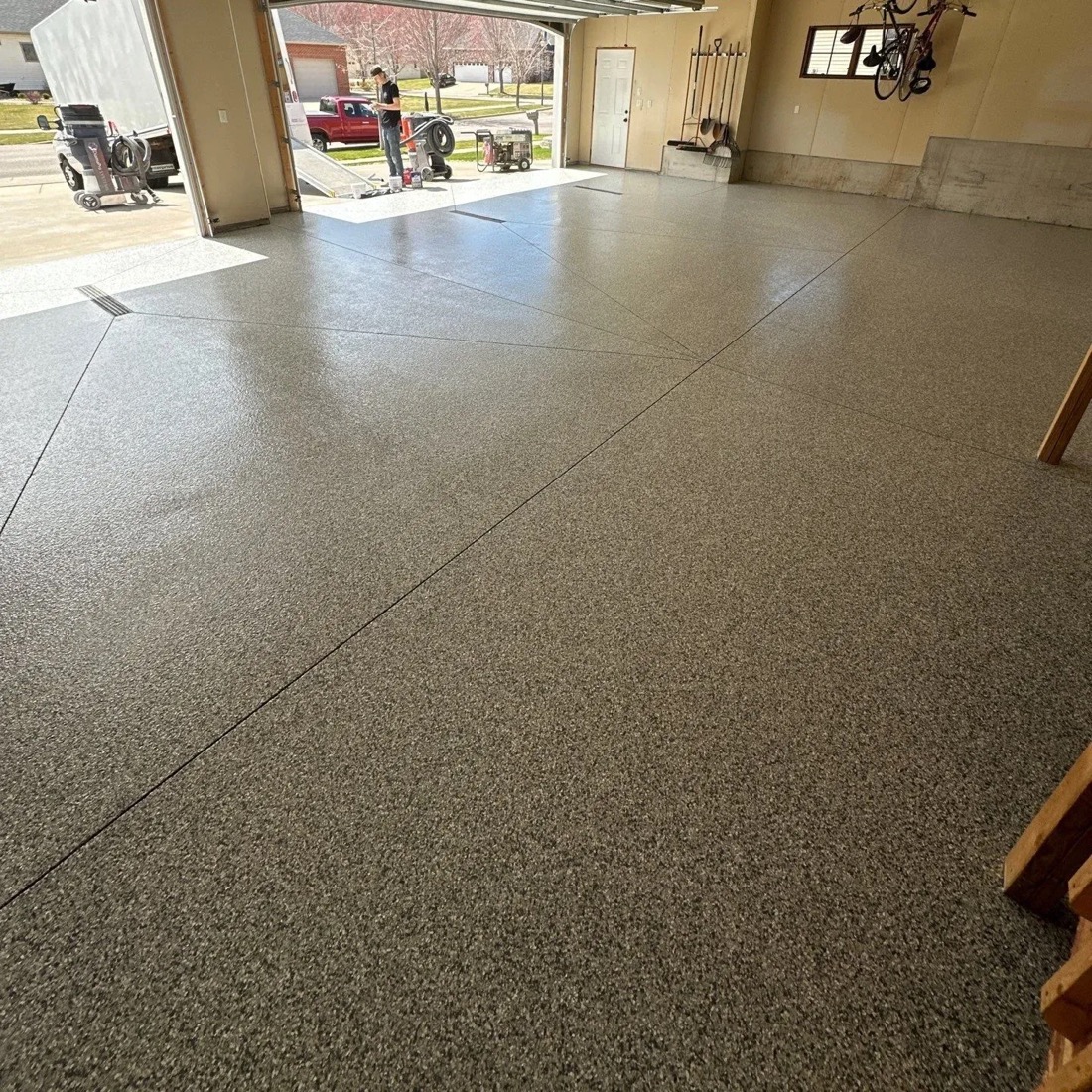Two-car garage with a new flake floor
